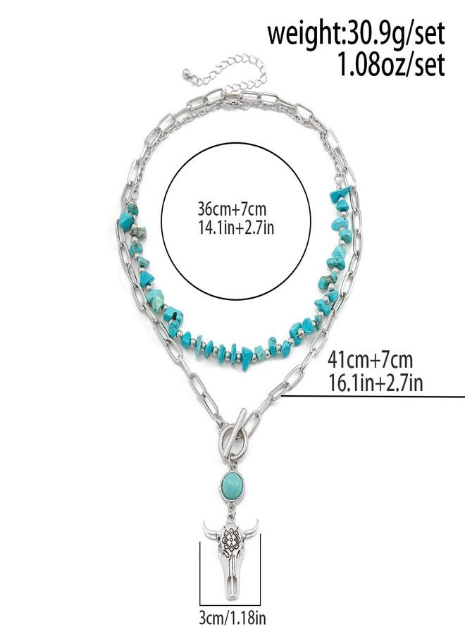 MarveBard Layered Western Necklace for Women Vintage Turquoise Beaded Choker Necklace Star Bull Head Shell Cactus Necklace Country Concert Cowgirl Dresses Jewelry Accessories (Ox-Head Paerclip Chain) - Image 3